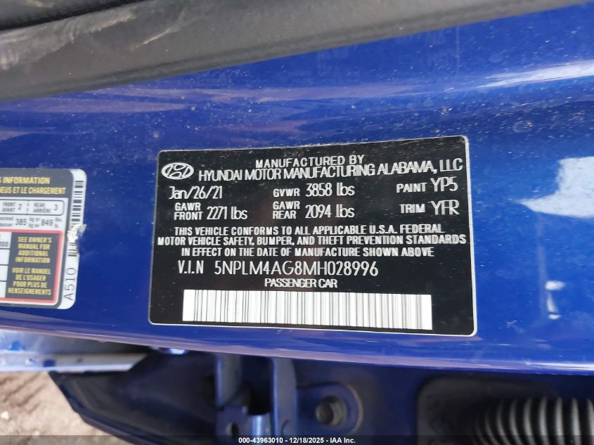 2021 Hyundai Elantra Sel VIN: 5NPLM4AG8MH028996 Lot: 43963010