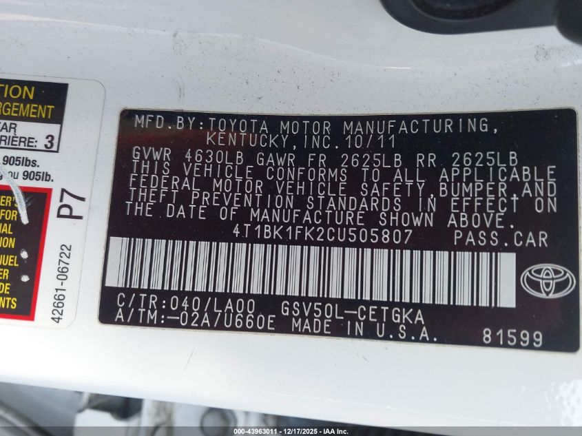 2012 Toyota Camry Xle V6 VIN: 4T1BK1FK2CU505807 Lot: 43963011