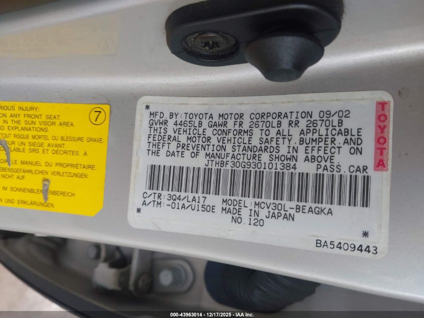 2003 Lexus Es 300 VIN: JTHBF30G930101384 Lot: 43963014