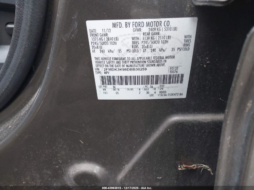 2013 Ford Edge Limited VIN: 2FMDK3K98DBB30259 Lot: 43963015