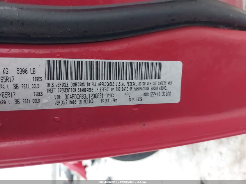 2018 Dodge Journey Se VIN: 3C4PDCAB3JT236831 Lot: 43963016