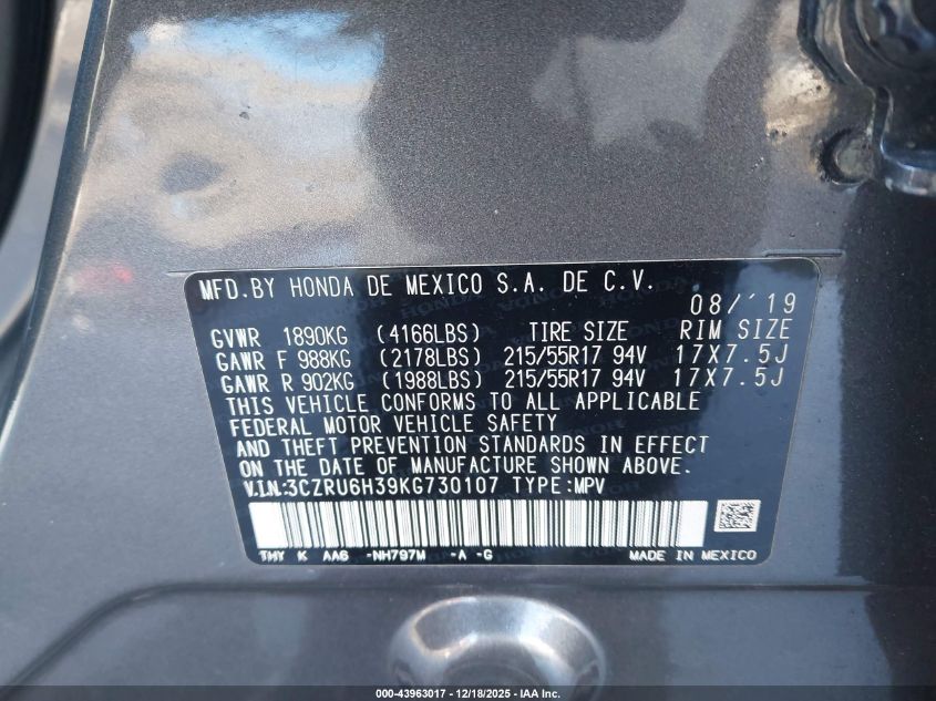 2019 Honda Hr-V Lx VIN: 3CZRU6H39KG730107 Lot: 43963017