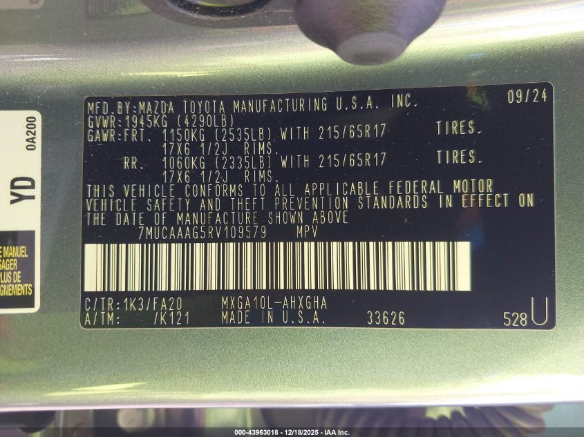 2024 Toyota Corolla Cross Le VIN: 7MUCAAAG5RV109579 Lot: 43963018