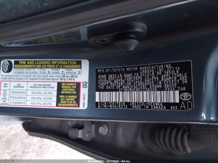 2014 Toyota Corolla Le Plus VIN: 2T1BURHE8EC226026 Lot: 43963021