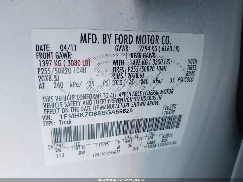 2011 Ford Explorer Xlt VIN: 1FMHK7D88BGA59826 Lot: 43963026