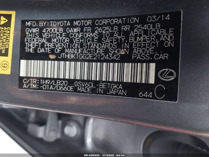 2014 Lexus Es 350 VIN: JTHBK1GG2E2124342 Lot: 43963028