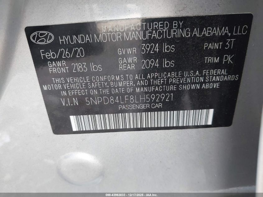 2020 Hyundai Elantra Sel VIN: 5NPD84LF8LH592921 Lot: 43963033