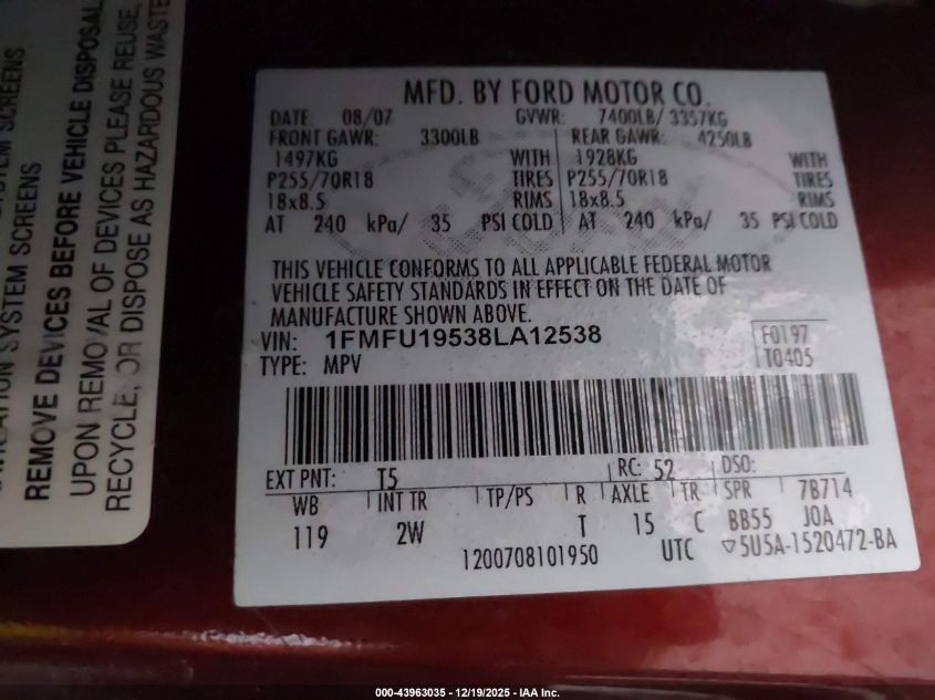 2008 Ford Expedition Limited VIN: 1FMFU19538LA12538 Lot: 43963035