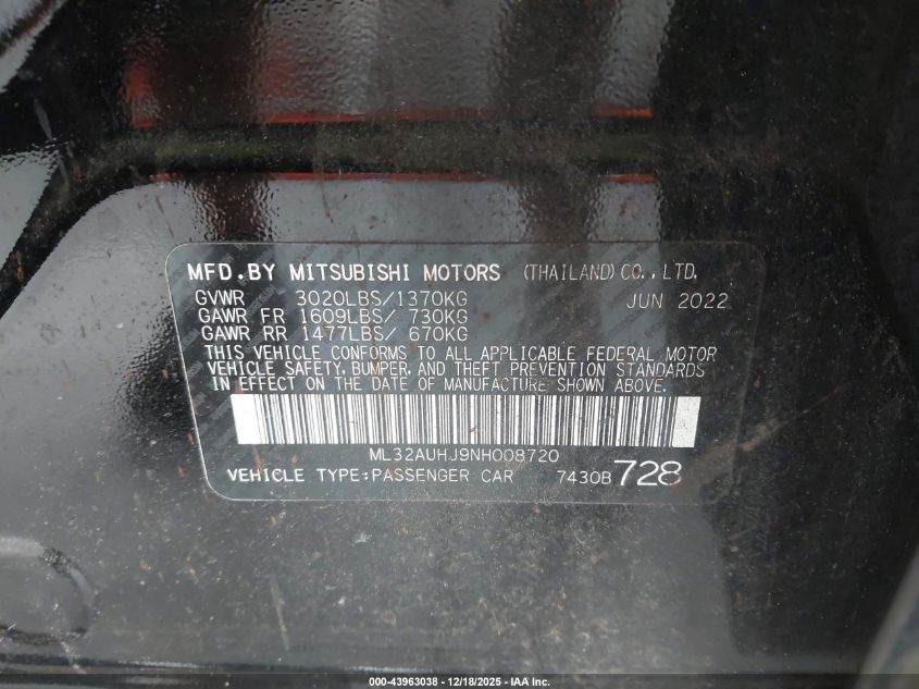 2022 Mitsubishi Mirage Le VIN: ML32AUHJ9NH008720 Lot: 43963038
