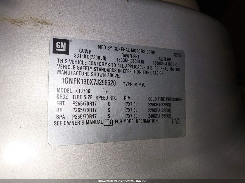 2007 Chevrolet Tahoe Lt VIN: 1GNFK130X7J296520 Lot: 43963039