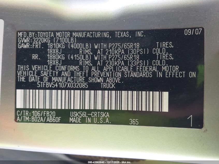 2007 Toyota Tundra Sr5 5.7L V8 VIN: 5TFBV54107X032085 Lot: 43963040