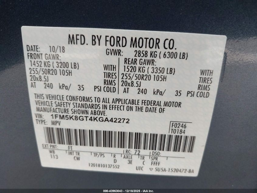 2019 Ford Explorer Sport VIN: 1FM5K8GT4KGA42272 Lot: 43963043