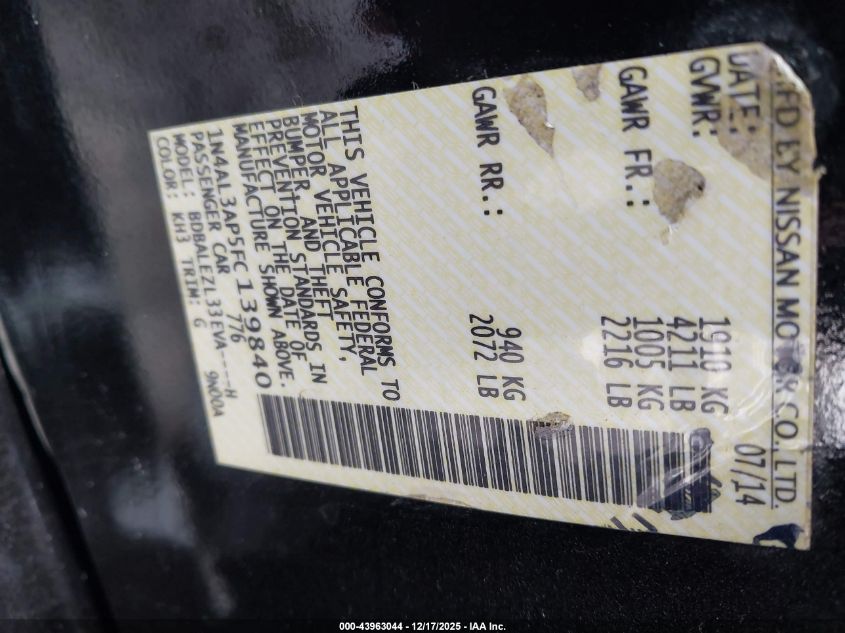 2015 Nissan Altima 2.5 S VIN: 1N4AL3AP5FC139840 Lot: 43963044