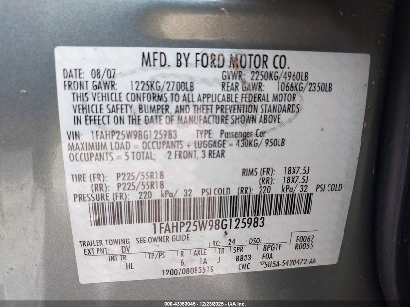 2008 Ford Taurus Limited VIN: 1FAHP25W98G125983 Lot: 43963045