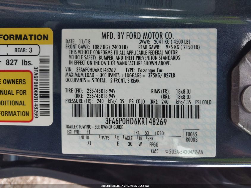 2019 Ford Fusion Se VIN: 3FA6P0HD6KR148269 Lot: 43963046