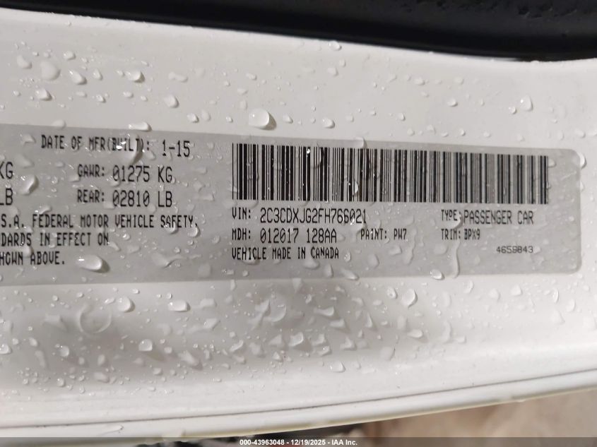 2015 Dodge Charger Sxt VIN: 2C3CDXJG2FH766021 Lot: 43963048