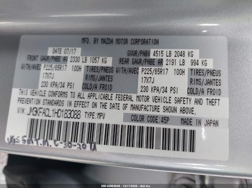 2017 Mazda Cx-5 Touring VIN: JM3KFACL1H0183088 Lot: 43963049