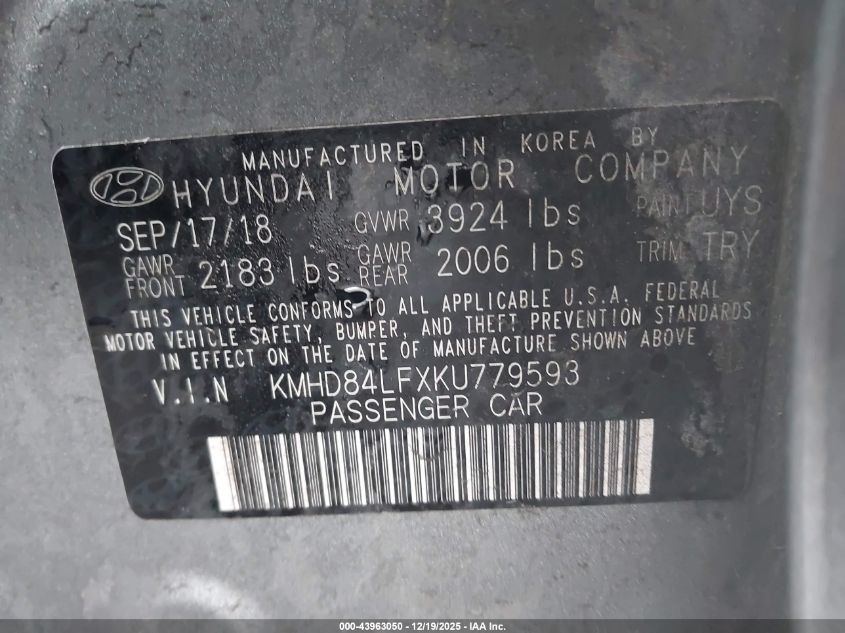 2019 Hyundai Elantra Sel VIN: KMHD84LFXKU779593 Lot: 43963050