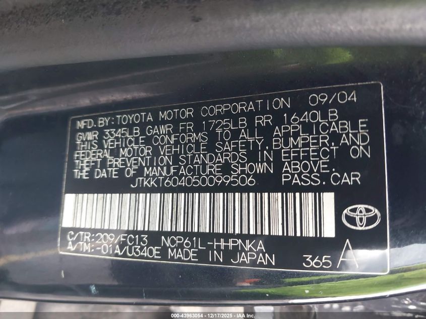 2005 Scion Xa VIN: JTKKT604050099506 Lot: 43963054