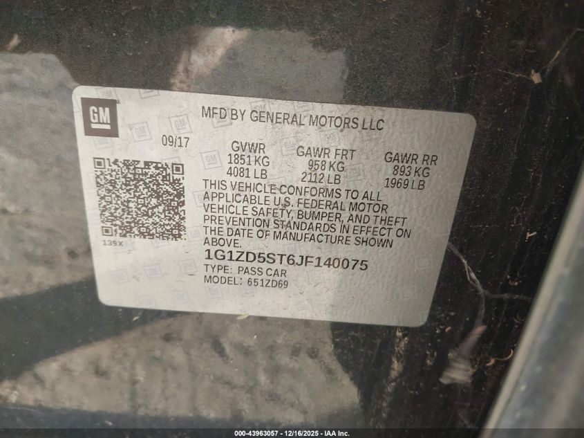 2018 Chevrolet Malibu Lt VIN: 1G1ZD5ST6JF140075 Lot: 43963057