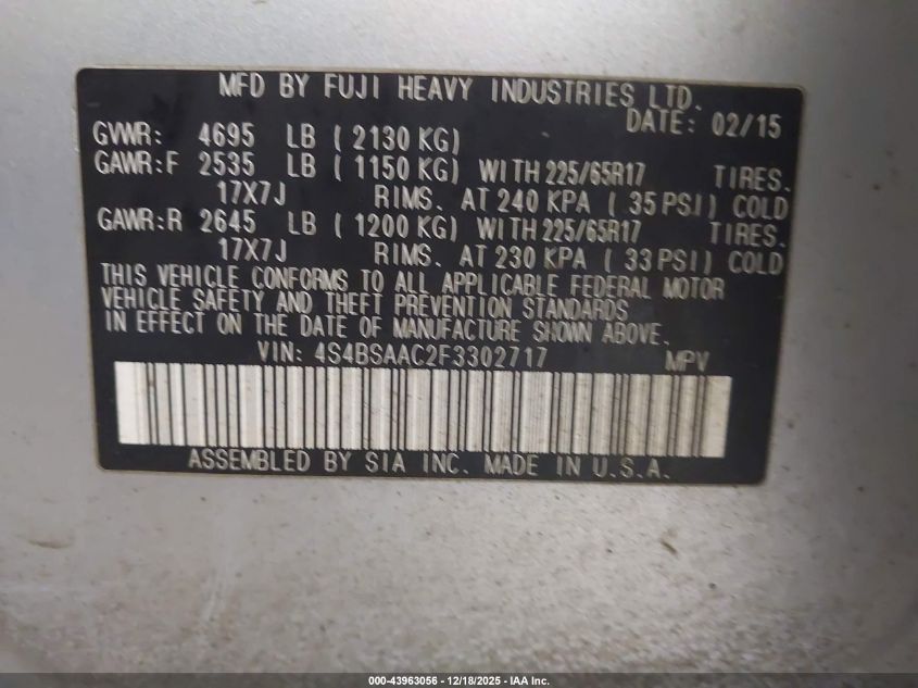 2015 Subaru Outback 2.5I VIN: 4S4BSAAC2F3302717 Lot: 43963056