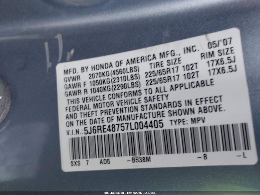2007 Honda Cr-V Ex-L VIN: 5J6RE48757L004405 Lot: 43963058