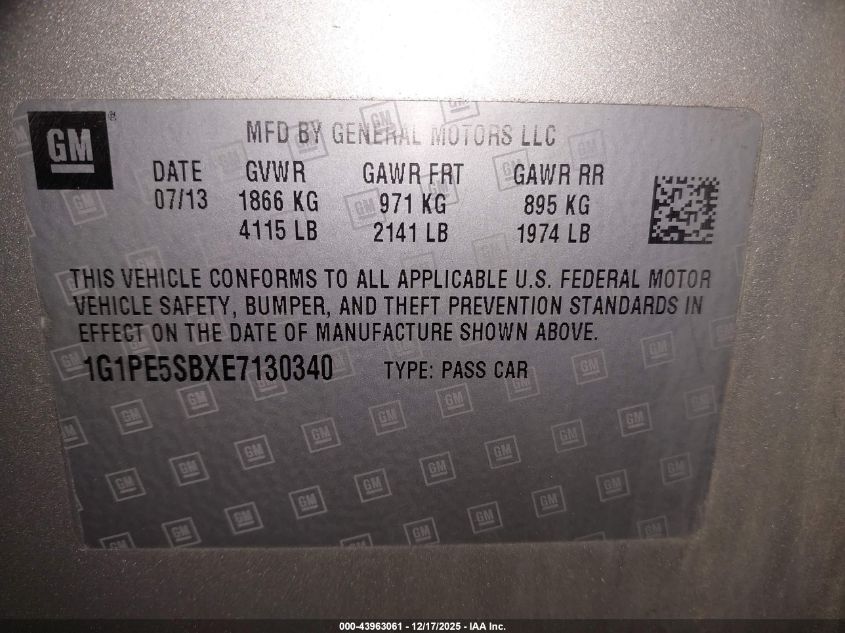 2014 Chevrolet Cruze 2Lt Auto VIN: 1G1PE5SBXE7130340 Lot: 43963061