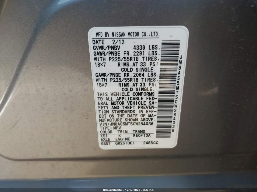 2012 Nissan Rogue Sv W/Sl Pkg VIN: JN8AS5MT5CW284036 Lot: 43963063