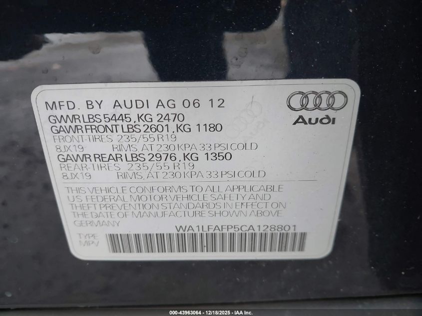 2012 Audi Q5 2.0T Premium VIN: WA1LFAFP5CA128801 Lot: 43963064