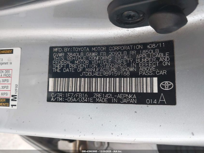 2011 Toyota Corolla Le VIN: JTDBU4EE9B9159168 Lot: 43963065