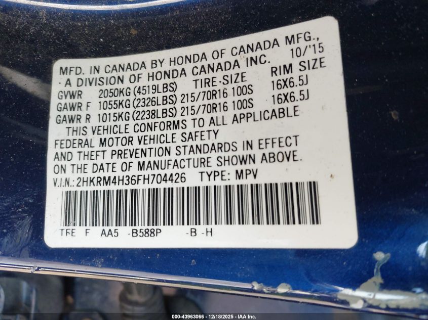 2015 Honda Cr-V Lx VIN: 2HKRM4H36FH704426 Lot: 43963066