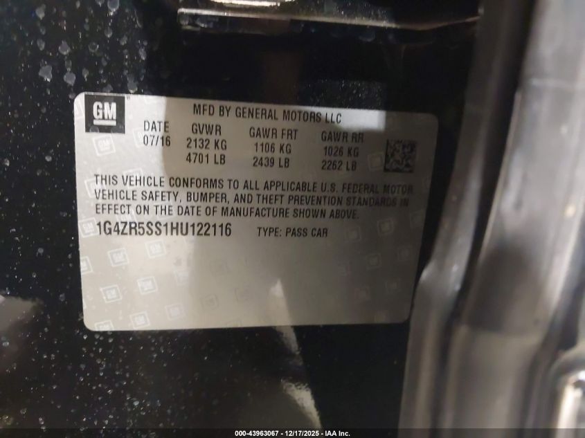 2017 Buick Lacrosse Premium VIN: 1G4ZR5SS1HU122116 Lot: 43963067