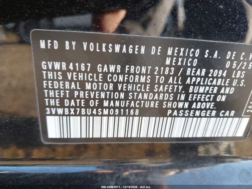 2025 Volkswagen Jetta 1.5T Sport VIN: 3VWBX7BU4SM091168 Lot: 43963071