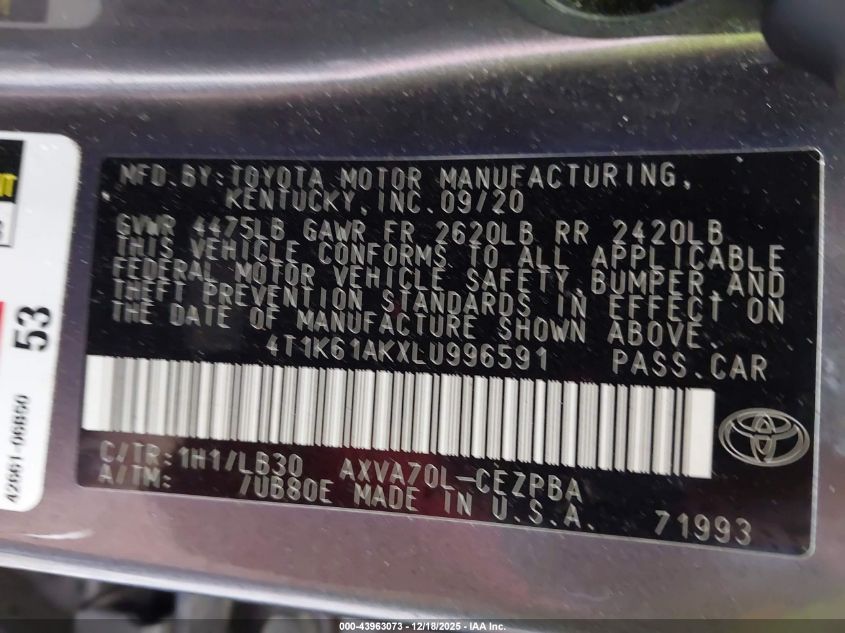 2020 Toyota Camry Xse VIN: 4T1K61AKXLU996591 Lot: 43963073