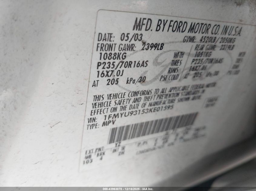 2003 Ford Escape Xlt VIN: 1FMYU93153KE01595 Lot: 43963078
