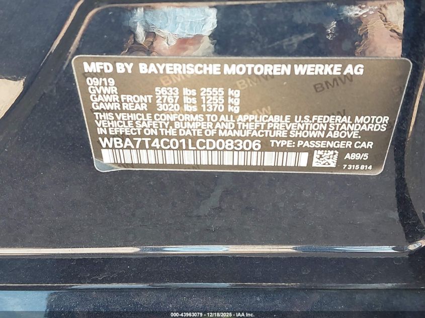 2020 BMW 740I xDrive VIN: WBA7T4C01LCD08306 Lot: 43963079