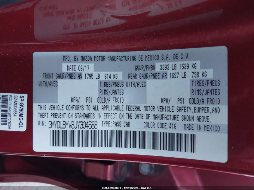 2018 Toyota Yaris Ia VIN: 3MYDLBYV8JY304688 Lot: 43963081