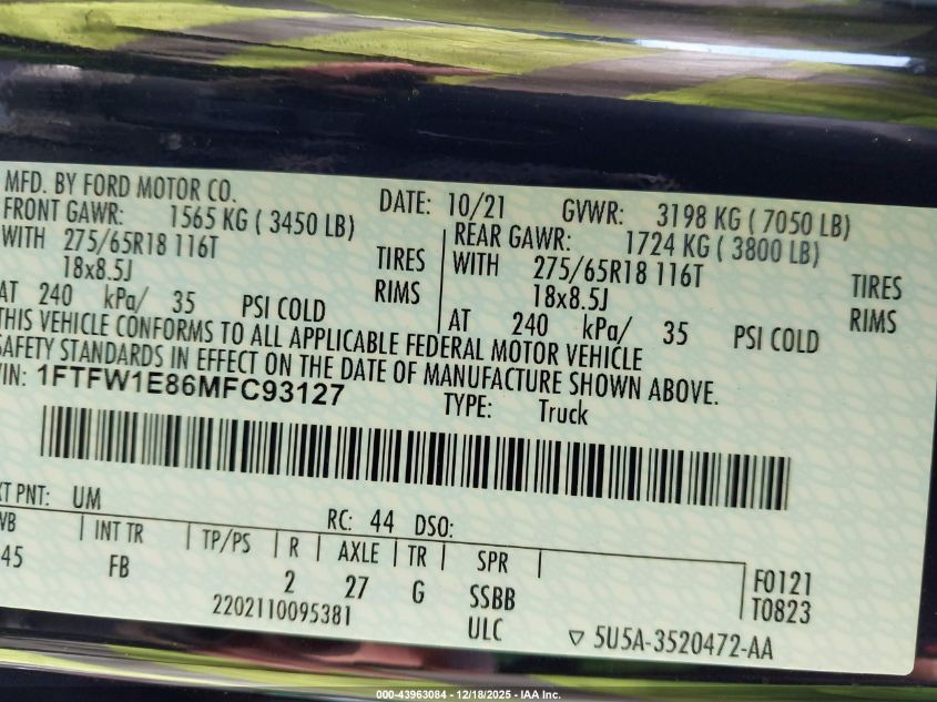 2021 Ford F-150 Xlt VIN: 1FTFW1E86MFC93127 Lot: 43963084