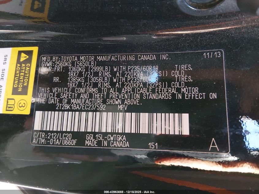 2014 Lexus Rx 350 VIN: 2T2BK1BA7EC237592 Lot: 43963088