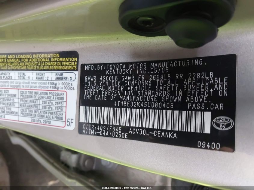 2005 Toyota Camry Le VIN: 4T1BE32K45U080408 Lot: 43963090