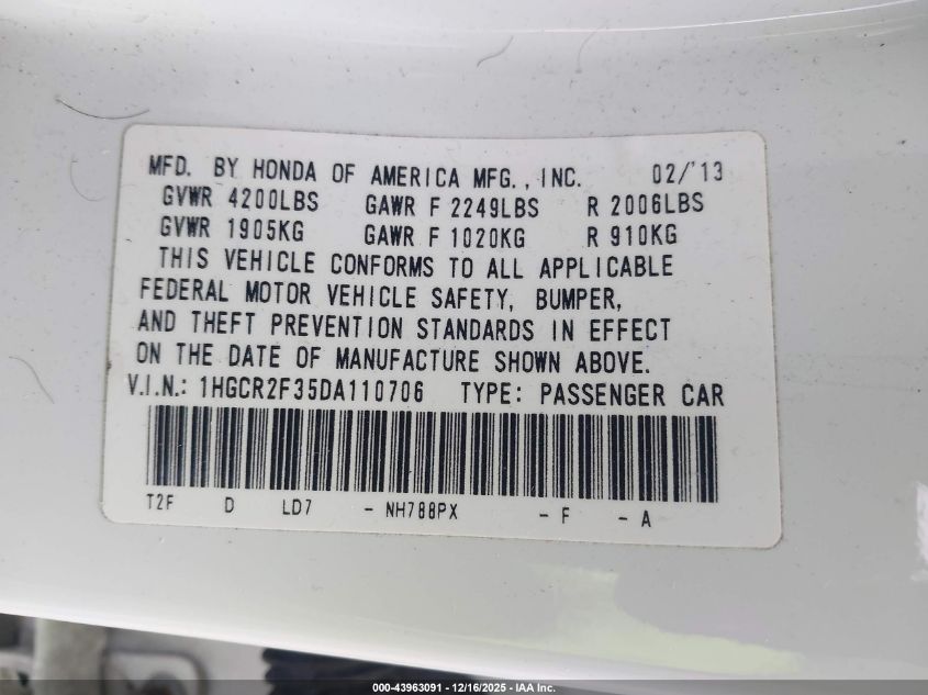 2013 Honda Accord Lx VIN: 1HGCR2F35DA110706 Lot: 43963091