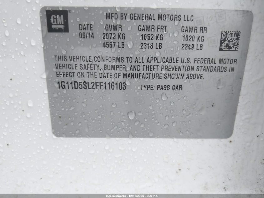 2015 Chevrolet Malibu 2Lt VIN: 1G11D5SL2FF116103 Lot: 43963094