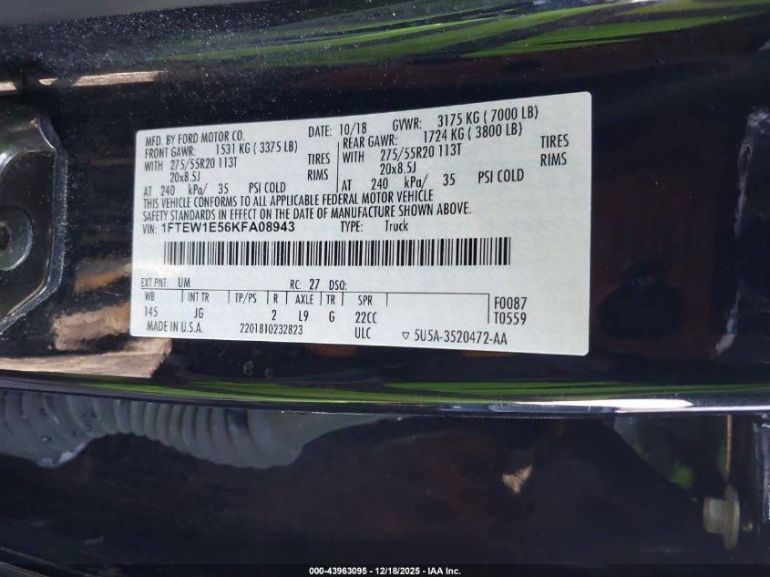 2019 Ford F-150 Xl VIN: 1FTEW1E56KFA08943 Lot: 43963095