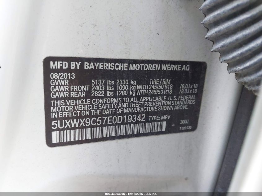 2014 BMW X3 xDrive28I VIN: 5UXWX9C57E0D19342 Lot: 43963096