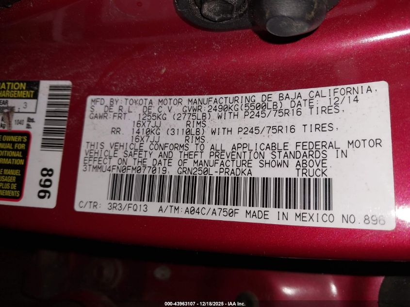 2015 Toyota Tacoma Base V6 VIN: 3TMMU4FN0FM077019 Lot: 43963107