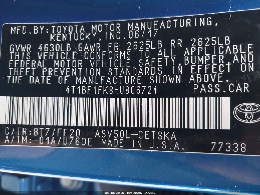 2017 Toyota Camry Se VIN: 4T1BF1FK8HU806724 Lot: 43963106