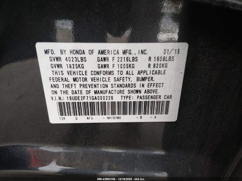 2016 Acura Ilx Premium Package/Technology Plus Package VIN: 19UDE2F71GA000226 Lot: 43963108