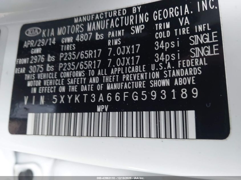 2015 Kia Sorento Lx VIN: 5XYKT3A66FG593189 Lot: 43963110