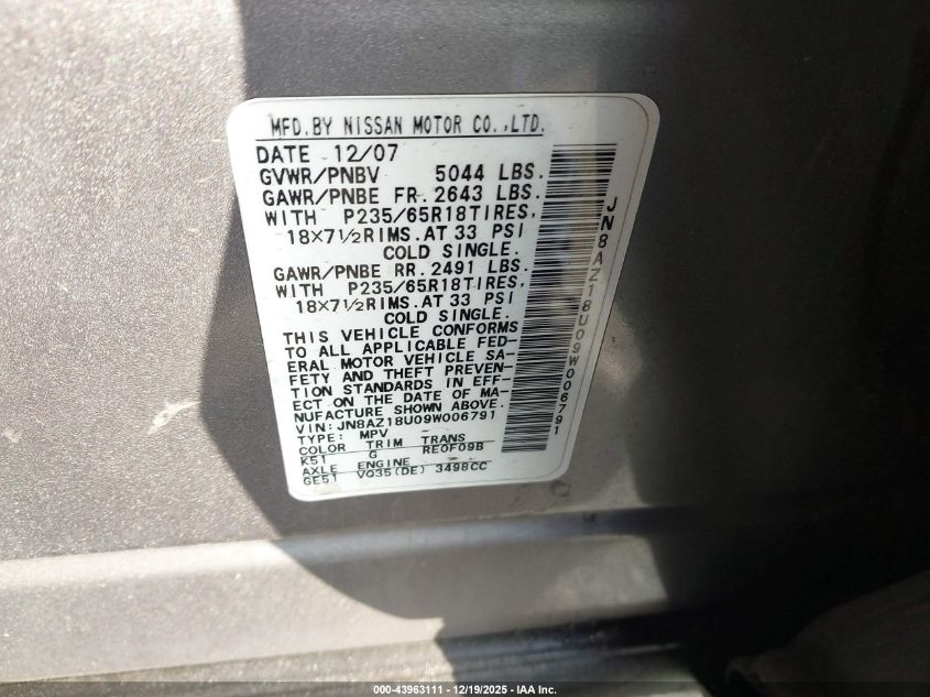 2009 Nissan Murano Sl VIN: JN8AZ18U09W006791 Lot: 43963111