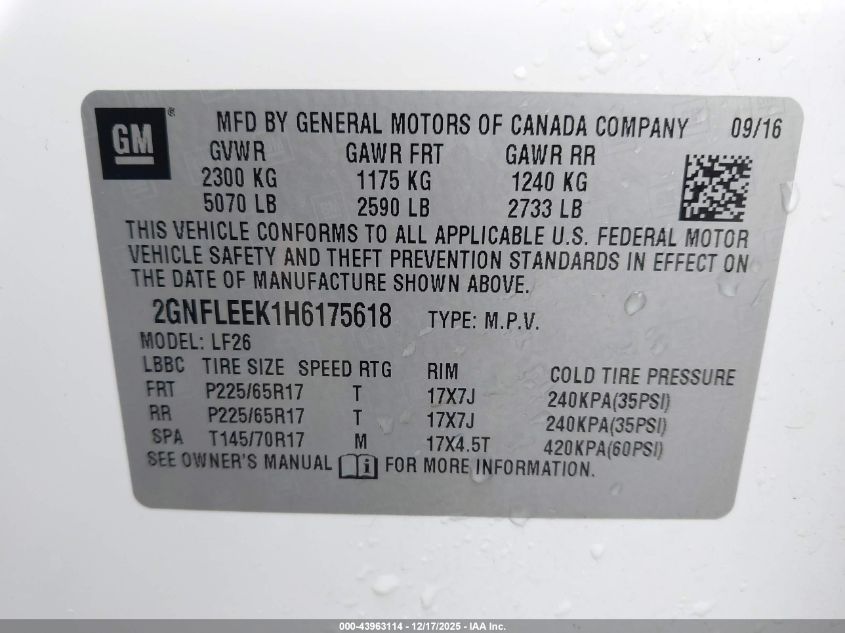 2017 Chevrolet Equinox Ls VIN: 2GNFLEEK1H6175618 Lot: 43963114